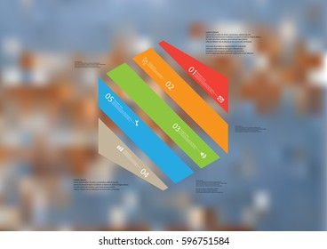 Illustration infographic template with motif of hexagon askew divided to five color standalone sections. Blurred photo with texture motif of worn wooden board is used as background.