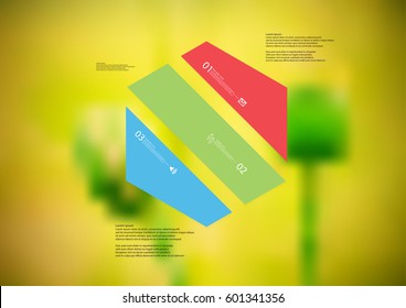 Illustration infographic template with motif of hexagon askew divided to three color standalone sections. Blurred photo with natural motif of green poppy plants is used as background.