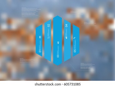 Illustration infographic template with motif of hexagon vertically divided to five blue standalone sections. Blurred photo with texture motif of worn wooden board is used as background.