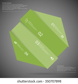 Illustration infographic template with motif of octagon askew divided to four green parts with space for own text, unique number and simple sign. Background is dark.