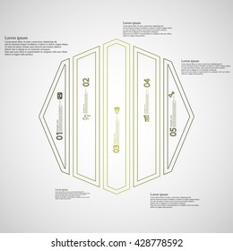 Illustration infographic template with motif of octagon. Octagon divided to five green parts. Each part created by double outline contour. Each part contains number, text and simple sign.