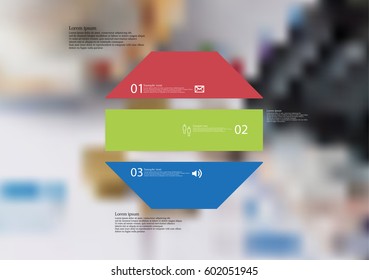 Illustration infographic template with motif of octagon horizontally divided to three color standalone sections. Blurred photo with financial motif with charts, coins and calculator is used as back.