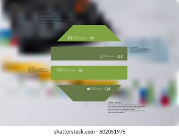 Illustration infographic template with motif of octagon horizontally divided to four green standalone sections. Blurred photo with financial motif with charts and calculator is used as background.