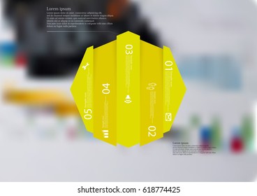 Illustration infographic template with motif of octagon vertically divided to five shifted yellow sections. Blurred photo with financial motif with charts and calculator is used as background.