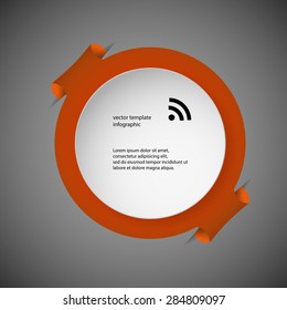 Illustration infographic template with motif of orange ring with two folded extra parts which are inserted into pockets in dark background. On the color part is white paper rounded piece with space