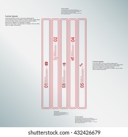 Illustration infographic template with motif of rectangle bar. Bar divided to five red parts. Each part created by double outline contour. Each part contains number, text and simple sign.

