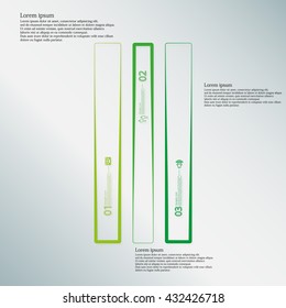 Illustration infographic template with motif of rectangle bar. Bar divided to three green parts. Each part created by outline contour. Each part contains number, text and simple sign.
