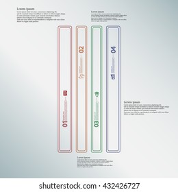 Illustration infographic template with motif of rectangle bar. Bar divided to four color parts. Each part created by double outline contour. Each part contains number, text and simple sign.
