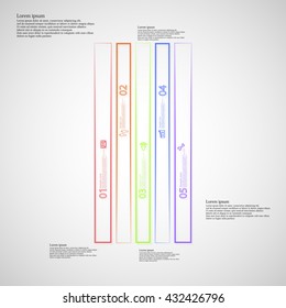 Illustration infographic template with motif of rectangle bar. Bar divided to five color parts. Each part created by outline contour. Each part contains number, text and simple sign.