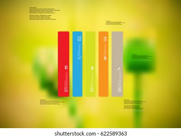 Illustration infographic template with motif of rectangle vertically divided to five standalone color sections. Blurred photo with natural motif of green poppy plants is used as background.