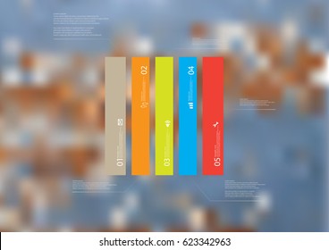 Illustration infographic template with motif of rectangle vertically divided to five standalone color sections. Blurred photo with texture motif of worn wooden board is used as background.