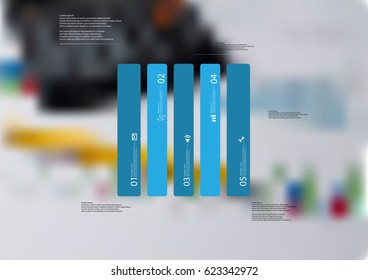 Illustration infographic template with motif of rectangle vertically divided to five standalone blue sections. Blurred photo with financial motif with charts and calculator is used as background.