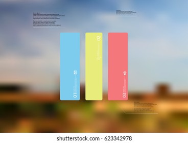 Illustration infographic template with motif of rectangle vertically divided to three standalone color sections. Blurred photo with natural motif landscape with cloudy sky is used as background.