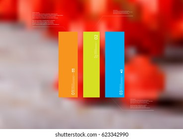 Illustration infographic template with motif of rectangle vertically divided to three standalone color sections. Blurred photo with natural motif with red blooms is used as background.