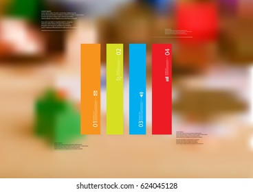 Illustration Infographic Template With Motif Of Rectangle Vertically Divided To Four Standalone Color Sections. Blurred Photo Is Used As Background.