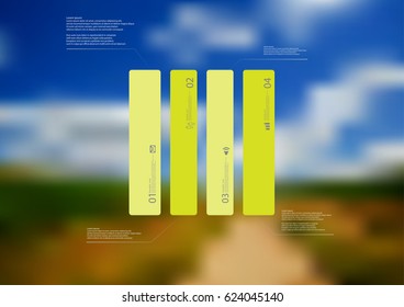 Illustration infographic template with motif of rectangle vertically divided to four standalone green sections. Blurred photo is used as background.