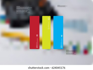 Illustration infographic template with motif of rectangle vertically divided to three standalone color sections. Blurred photo is used as background.