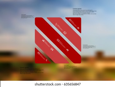 Illustration infographic template with motif of rectangle askew divided to five standalone red sections with simple sign, number and sample text. Blurred photo is used as background.