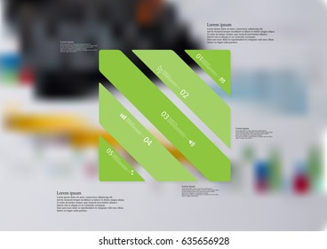 Illustration infographic template with motif of rectangle askew divided to five standalone green sections with simple sign, number and sample text. Blurred photo is used as background.