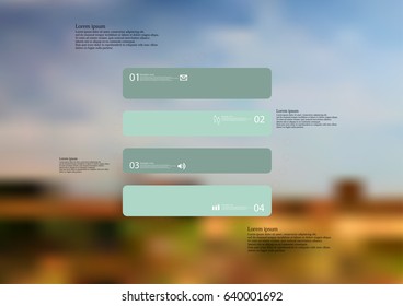 Illustration infographic template with motif of rectangle horizontally divided to four standalone green sections with simple sign, number and sample text. Blurred photo is used as background.
