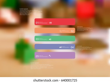 Illustration infographic template with motif of rectangle horizontally divided to five standalone color sections with simple sign, number and sample text. Blurred photo is used as background.