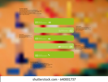 Illustration infographic template with motif of rectangle horizontally divided to five standalone green sections with simple sign, number and sample text. Blurred photo is used as background.