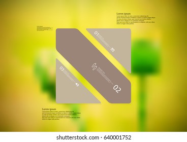 Illustration infographic template with motif of rectangle askew divided to three standalone brown sections with simple sign, number and sample text. Blurred photo is used as background.