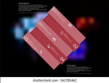 Illustration infographic template with motif of red rectangle askew divided to five sections with simple signs. Blurred photo with several game dices on black board is used as background.