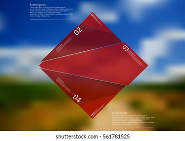 Illustration infographic template with motif of red rhombus randomly divided to five sections with simple signs. Blurred photo with natural motif path between two fields is used as background.