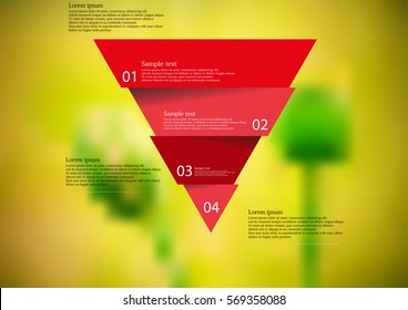Illustration infographic template with motif of red triangle horizontally divided to four sections. Blurred photo with natural motif of green poppy plants is used as background.