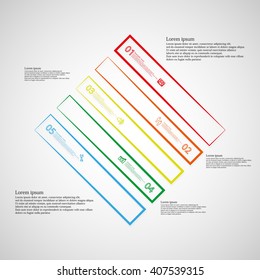 Illustration infographic template with motif of rhombus which is divided to five color parts created by outlines on light background. Each part contains number, text and symbol.