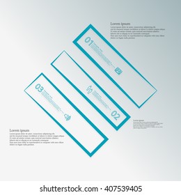 Illustration infographic template with motif of rhombus which is divided to three blue parts created by outlines on blue background. Each part contains number, text and symbol.
