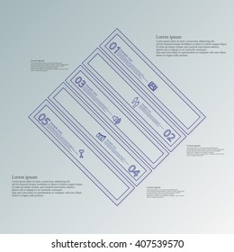 Illustration infographic template with motif of rhombus which is divided to five blue parts created by double outlines on blue background. Each part contains number, text and symbol.
