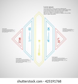 Illustration infographic template with motif of rhombus. Rhombus divided to five color parts. Each part created by double outline contour. Each part contains number, text and simple sign.