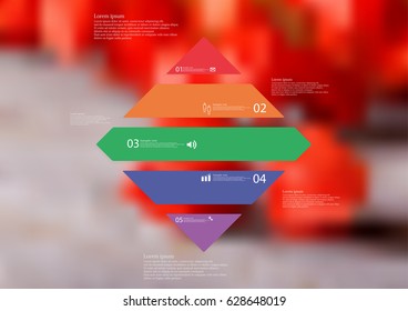 Illustration infographic template with motif of rhombus horizontally divided to five standalone color sections with simple sign, number and sample text. Blurred photo is used as background.