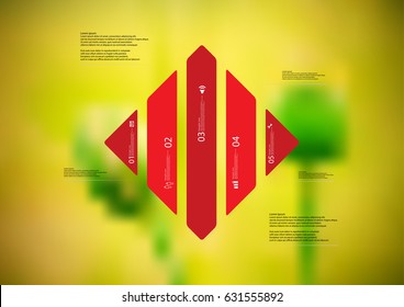 Illustration infographic template with motif of rhombus vertically divided to five standalone red sections with simple sign, number and sample text. Blurred photo is used as background.