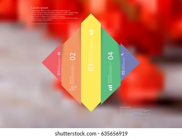 Illustration infographic template with motif of rhombus vertically divided to five shifted color sections with simple sign, number and sample text. Blurred photo is used as background.