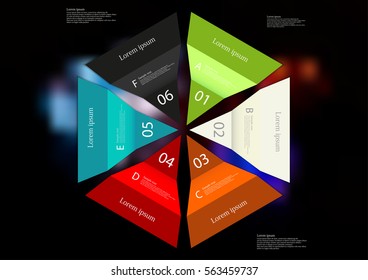 Illustration infographic template with motif of six color folded paper sheets with simple signs. Blurred photo with several colorful game dices is used as background.