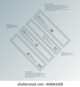 Illustration infographic template with motif of square rhombus which is divided to four parts with dark color created from double outlines. Each part contains number, sample text and simple sign.