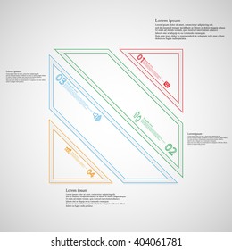 Illustration infographic template with motif of square rectangle which is divided to four color parts created from double outlines. Each part contains number, sample text and simple sign.