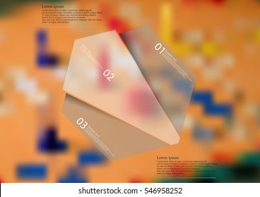 Illustration infographic template with motif of transparent hexagon randomly divided to three sections. Blurred photo with ludo motif is used as background with game board and dices.