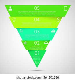 Illustration infographic template with motif of triangle divided/cut to five parts with small shadow. Each part contains unique number, icons and space for own text or other purposes.