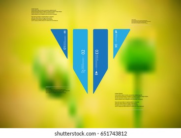 Illustration infographic template with motif of triangle vertically divided to four standalone blue sections with simple sign, number and sample text. Blurred photo is used as background.