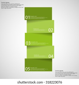 Illustration infographic template on light background with shape of bar which is divided to five green parts with shadows and with space for customer's text.