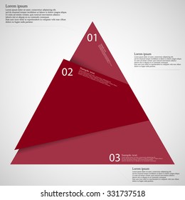 Illustration infographic template on light background with triangle randomly divided to three parts with various shades of red color. Each part has unique number.