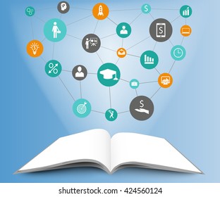 Illustration of infographic template in open book. Open book on blue background with icons. Infographic design concept