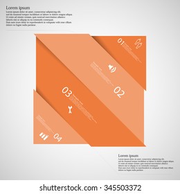 Illustration infographic template with rectangle askew divided to four orange parts which are shifted to each other. Each part on light background consists own number, simple sign and space for text.