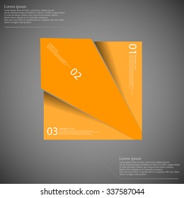 Illustration infographic template with rectangle motif cut on three parts with space for own text and with unique number. Color is orange and background is dark.