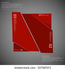 Illustration infographic template with rectangle motif cut on four parts with space for own text and with unique number. Color is red and background is dark.