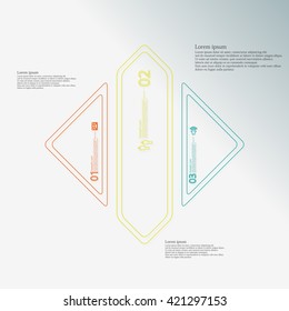 Illustration infographic template. Rhombus square motif. Divided cut to three color parts. Each part from double outline contour. Parts with sample text, sign and number. Blue gradient background.